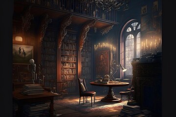 Naklejka premium dark fantasy library in gloomy, and moody cathedral design interior