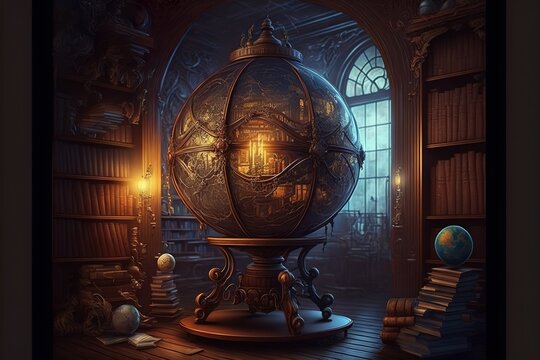 Giant mechanical steampunk armillary sphere navigational device standing in fantasy library
