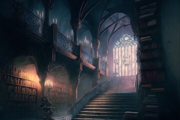 dark fantasy library interior in creepy cathedral design interior - obrazy, fototapety, plakaty