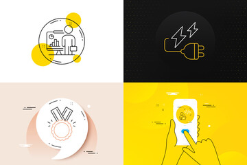 Minimal set of Honor, Electricity plug and Teacher line icons. Phone screen, Quote banners. Voice wave icons. For web development. Medal, Electric energy, Conference. Sound identity. Vector