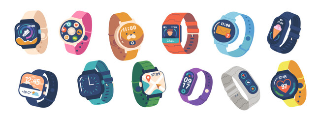 Set Of Smart Watches, Fitness Trackers For Kids And Adults With Digital Display And Silicone Bracelets Illustration