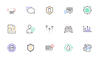 Cashback, Swipe up and Add user line icons for website, printing. Collection of Vip chip, Talk bubble, 360 degrees icons. Smartphone protection, Chemistry beaker, Blood donation web elements. Vector
