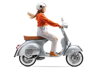 Young female with a helmet riding a scooter