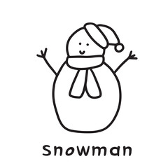 Hand drawn doodle sketch style vector illustration of cute snowman with hat and scarf. Isolated on white background.