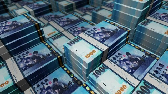 Taiwanese Dollar 1000 TWD banknote pack pile loop. Flying over money stack Taiwan note. 3D Abstract concept of business, economy, finance, crisis and banking. Seamless looped.
