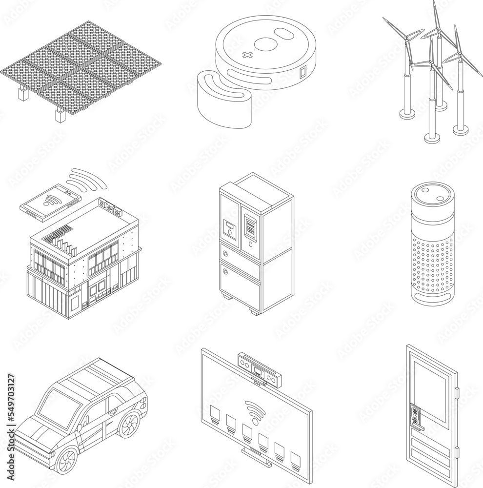 Poster intelligent device icon set. isometric set of intelligent device vector icons outline vector on whit