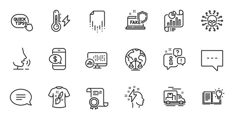 Outline set of Fake internet, Brainstorming and Report document line icons for web application. Talk, information, delivery truck outline icon. Vector