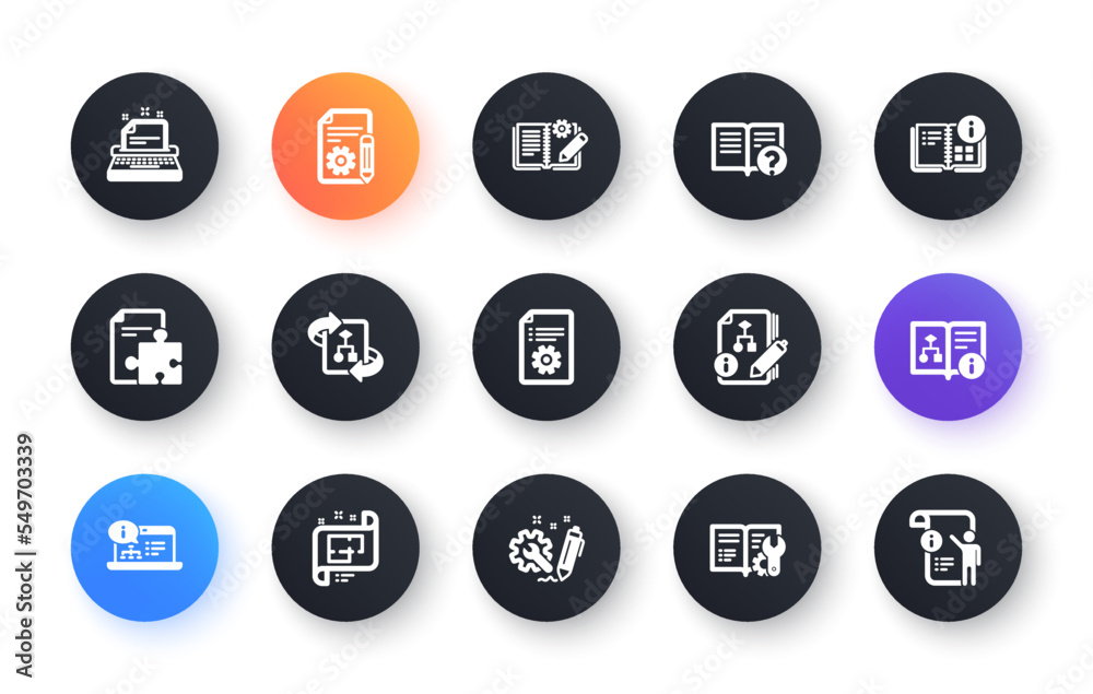 Poster technical documentation icons. instruction, plan and manual. algorithm classic icon set. circle web 