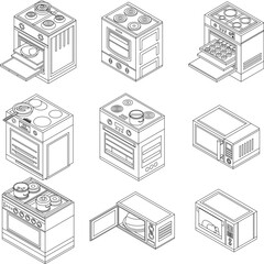 Oven icon set. Isometric set of oven vector icons outline vector on white background