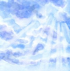 Bright clouds in the evening sky. Watercolor landscape