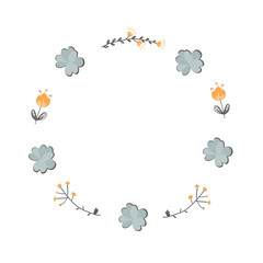 Hand drawn doodle flowers wreath frame. Round frame for cards and wedding invitations, valentines day and spring banners. Vector floral garland.