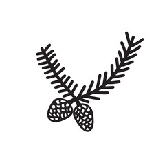 Hand drawn doodle sketch style vector illustration of Christmas decoration of tree branches with pine cones. Isolated on white background