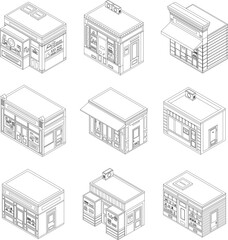 Store facade icon set. Isometric set of store facade vector icons outline vector on white background