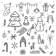 Obraz premium Hand drawn doodle style vector illustration set of winter holiday Christmas elements