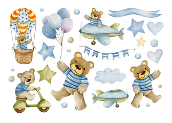 Set of watercolor illustrations flags for the holiday, a balloon, hearts, stars, a ribbon for inscriptions, an airplane, a bear. Boy Happy birthday. Blue.