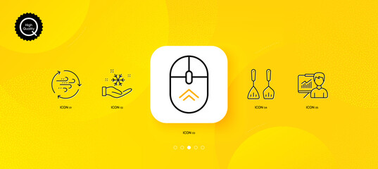 Fototapeta na wymiar Freezing, Cooking cutlery and Presentation minimal line icons. Yellow abstract background. Wind energy, Swipe up icons. For web, application, printing. Vector