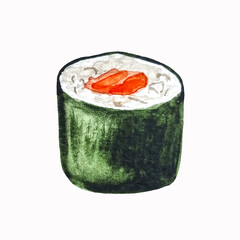 Sushi maki with salmon in nori asian food watercolor sticker for restaurant menu 