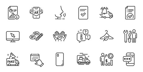 Outline set of Internet, Smartphone cover and Fair trade line icons for web application. Talk, information, delivery truck outline icon. Vector