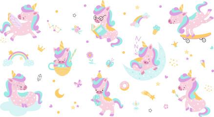 Cute unicorn magic characters. Isolated unicorns cartoon stickers. Flying and sleeping on rainbow fairy pony. Nowaday baby animal vector kit © MicroOne