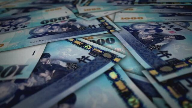 Taiwanese Dollar 1000 TWD banknote surface. Flying over Taiwan money note. 3D abstract concept of business, inflation, economy, finance, crisis and banking. Seamless and looped.