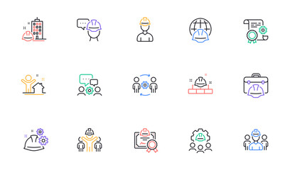Engineering line icons set. Technical documentation, Teamwork and People. Blueprint with gear, engineer and construction helmet set icons. Technician, industrial people, engineering process. Vector