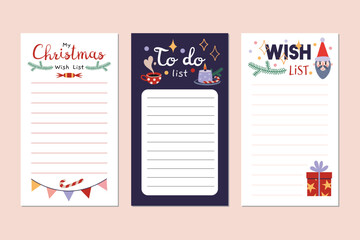 Trendy editable Christmas Wish lists and To do list. Vector stock illustration, cartoon style. Templates for stories, bullet journal page. Modern backgrounds for social media