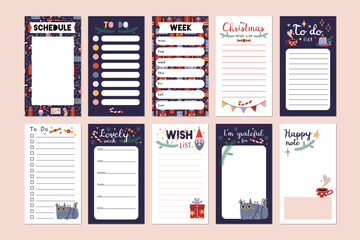 Big Christmas set of trendy editable planner, schedule, check list, wish list, to do and places for note. Vector stock illustration, cartoon style. Cute templates for stories, bullet journal