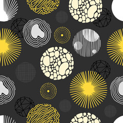 Round decor grunge print. Doodle geometric abstract mess circles seamless pattern design. Textured rounds, hand drawn graphics neoteric vector background