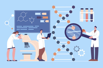 Genetic analysis dna, medicine research. Dna spiral molecule testing, profeccional scientists work in laboratory. Biotechnology kicky vector scene