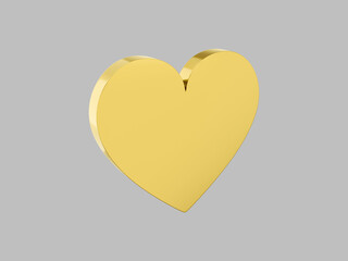 Flat metal heart. Golden mono color. Symbol of love. On a solid gray background. View left side. 3d rendering.