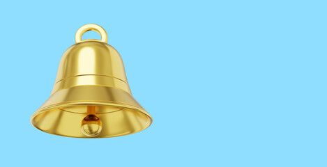 Bell metal gold, notification symbol. 3D rendering. Icon on blue background, space for text.