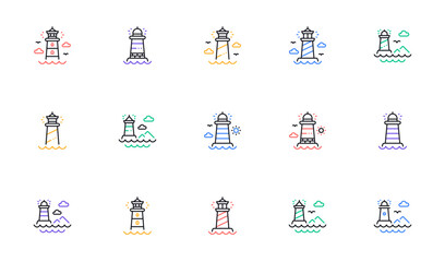 Lighthouse line icons. Searchlight tower with seagull for marine navigation of ships. Sea pharos, lighthouse or beacon icons. Linear set. Bicolor outline web elements. Vector