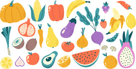 Hand drawn fruits and vegetables. Colorful health isolated vegetable, fruit mango apricot and watermelon. Doodle organic product snugly vector clipart