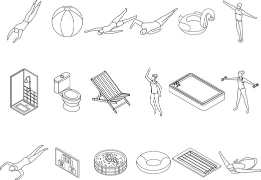 Pool Equipment Icons Set. Isometric Set Of Pool Equipment Vector Icons Outline Vector On White Background