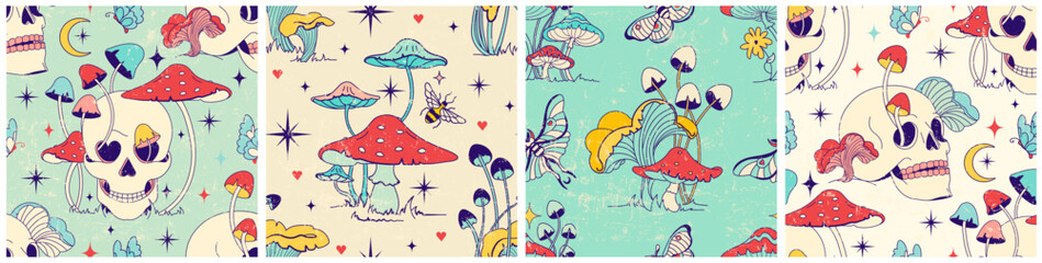 Old vintage floral grave set of sharpen seamless patterns with mystical mushrooms: psilocybin, agaric.Retro mystery fabric design with fungi, witchcraft digital or wrapping paper