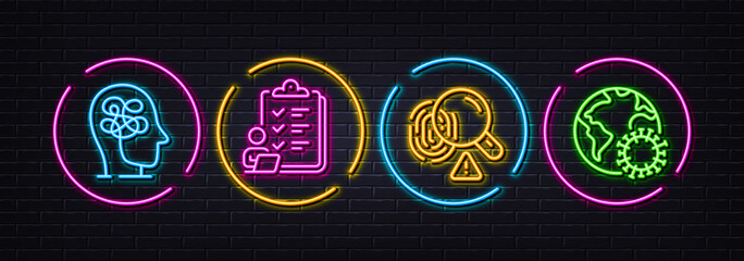 Fingerprint, Checklist and Stress minimal line icons. Neon laser 3d lights. Coronavirus icons. For web, application, printing. Biometric scan, Questioning clipboard, Mind anxiety. Vector