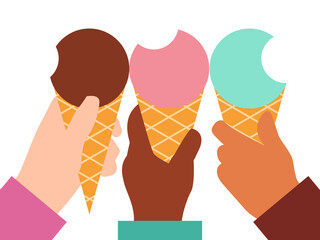 Eating ice cream together. Hands of  various ethnicities holding ice creams of different colors.