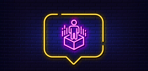 Neon light speech bubble. Augmented reality line icon. VR simulation sign. 3d person symbol. Neon light background. Augmented reality glow line. Brick wall banner. Vector