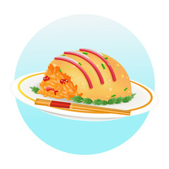 Japanese food, 3d illustration of omelette rice filled with shrimp and sauce