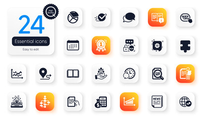 Set of Education flat icons. World statistics, Chart and Typewriter elements for web application. Inclusion, Block diagram, Journey icons. Diagram chart, Checkbox, Puzzle elements. Vector