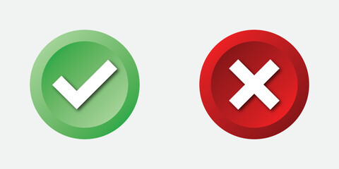 Realistic 3d green and red circle button with check and cross marks icon. Checkmark and x mark icon for apps and websites. Green and red check mark icon on white background