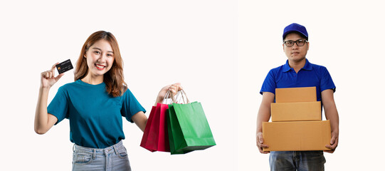 Delivery concept, image of Asian delivery man in blue dress holding box and young woman holding credit card and shopping bag
Asian man holding mailbox isolated on white background