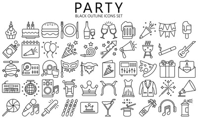 Simple Set of Party Related Vector Line Icons. Contains such Icons as music, food, Dj, Masquerade and more. vector EPS 10 ready convert to SVG. use for modern concept, UI or UX kit, web and app.