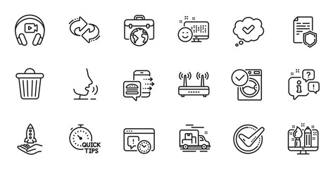 Outline set of Creative design, Headphones and Businessman case line icons for web application. Talk, information, delivery truck outline icon. Vector