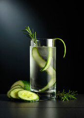 Cold refreshing drink with ice, cucumber, and rosemary.
