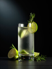Cold refreshing drink with ice, lime, and rosemary.