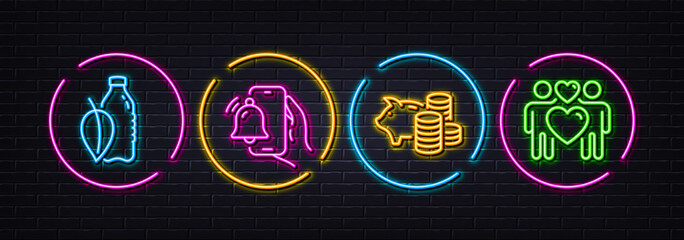 Piggy bank, Alarm clock and Water bottle minimal line icons. Neon laser 3d lights. Love couple icons. For web, application, printing. Money investment, Phone alarm, Mint leaf drink. Lovers. Vector