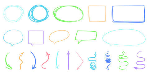 Colored set of hand drawn geometric shapes. Abstract frames on white. Pattern of loot for words. Line art creative. Collection of different signs. Colorful illustration
