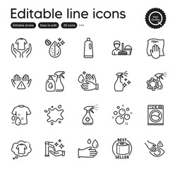 Set of Cleaning outline icons. Contains icons as Washing hands, Cleaning liquids and Toilet paper elements. Dirty spot, Washing cleanser, Wash hands web signs. Coronavirus spray. Vector