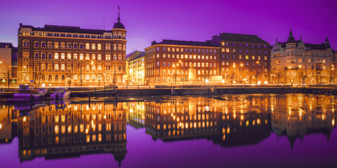 Helsinki, Finland. Very Peri Starry Sky. View Of Pohjoisranta Street In Evening Or Night...